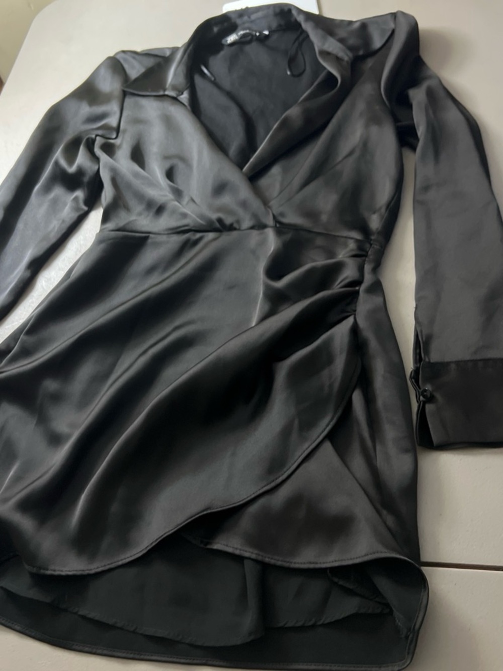 Zara Black Satin Wrap High-Low Dress